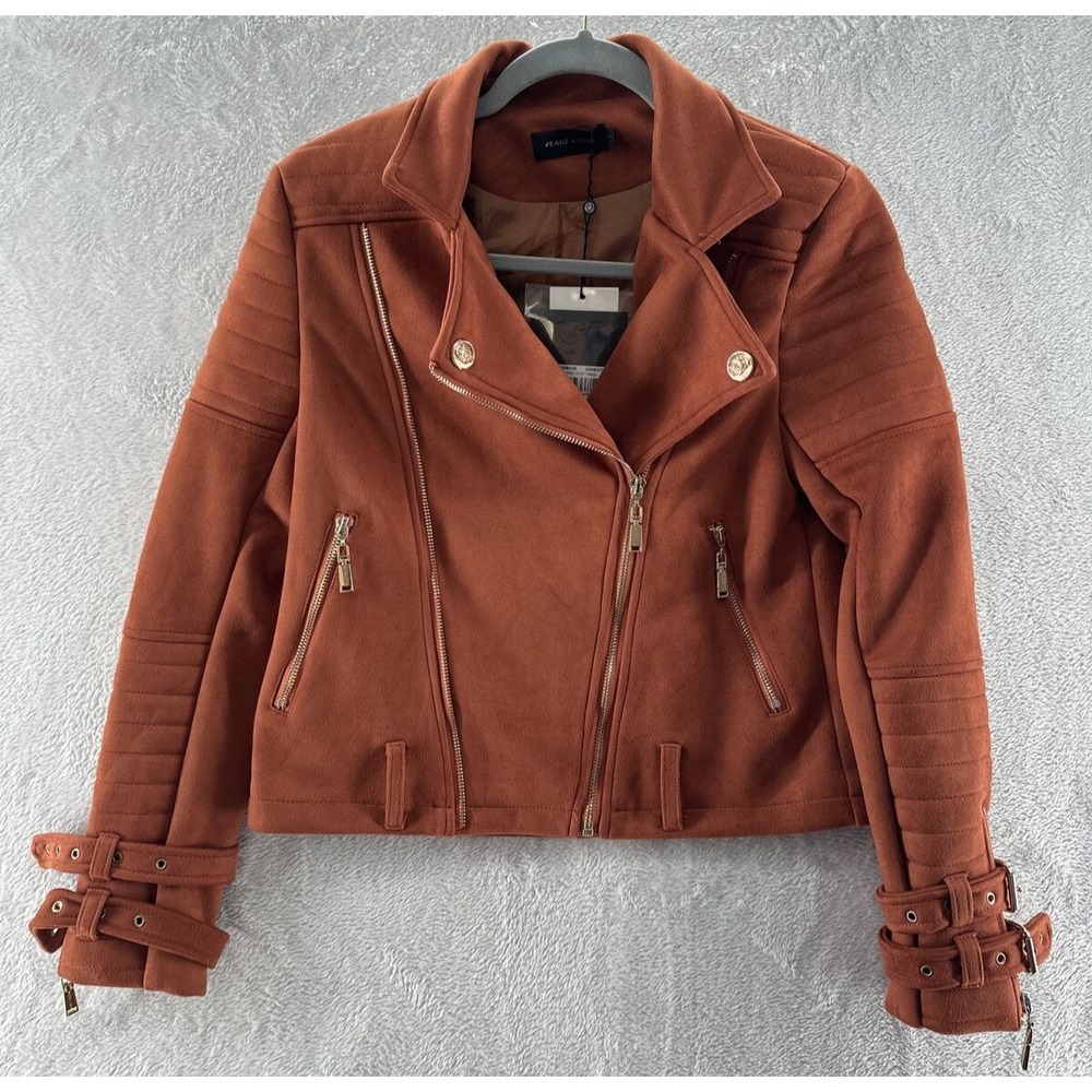 Peace + Love Biker Jacket Womens Sz 2 Faux Suede Tobacco Brown Moto NEW